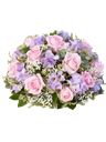 Composizione funebre tonda di fiori rosa e viola